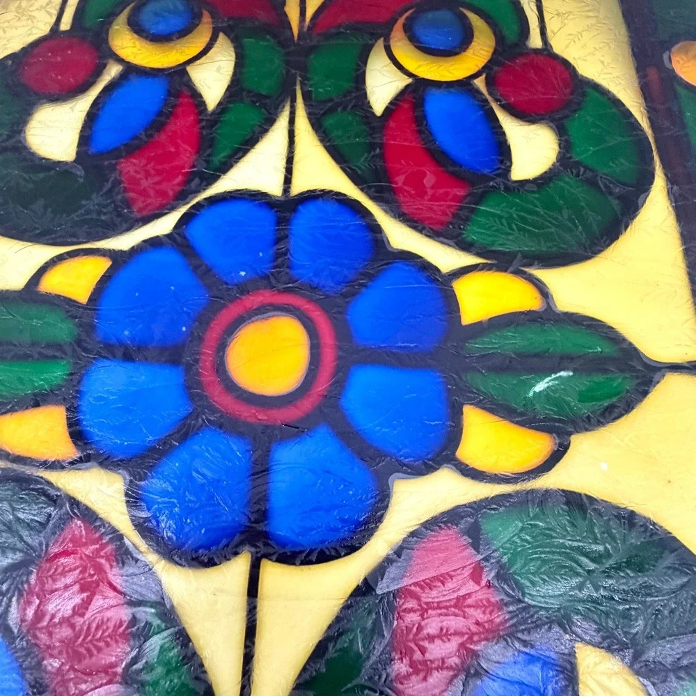 Vintage Stained Glass Window Panel Suncatcher Floral Leaded Metal Frame 18x12
